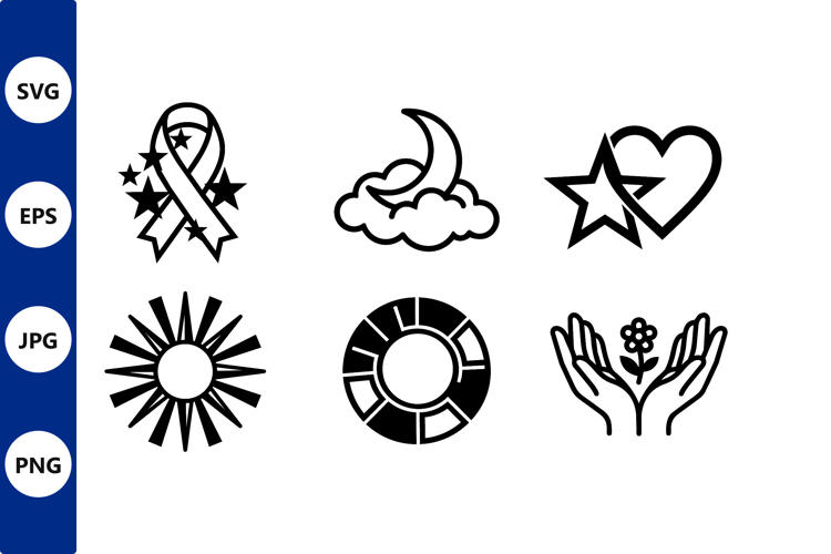 Black and white hand drawn ribbon stars moon flower icons