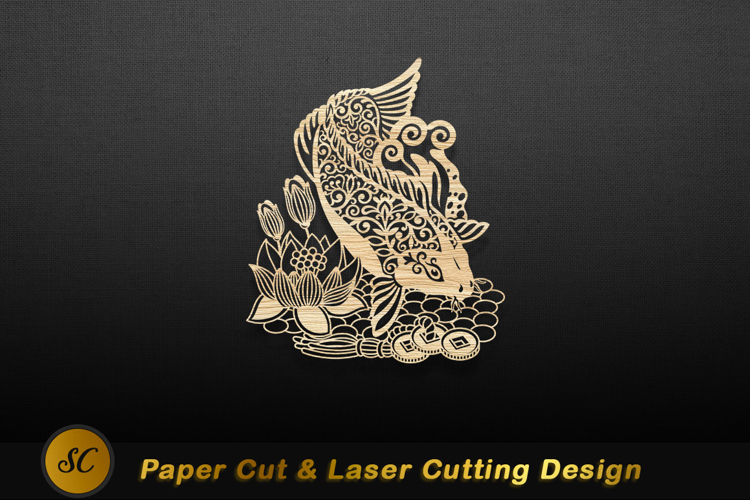 Intricate wooden koi fish lotus design flower Laser cut