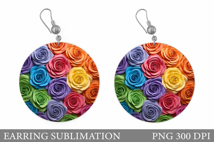 3D Rose Earring Sublimation. Rose Round Earring Design