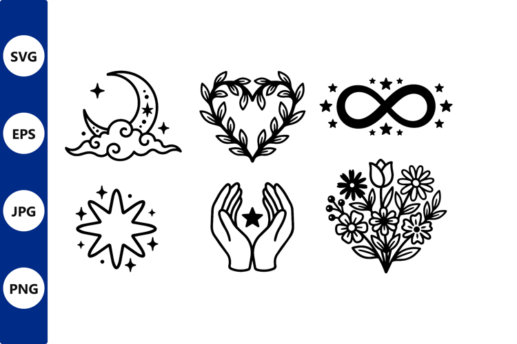 Black and White Botanical Heart Moon and Infinity Vector
