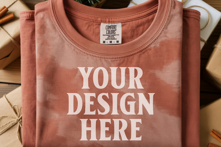 Brick Comfort Colors 1717 Christmas Folded T-Shirt Mockup