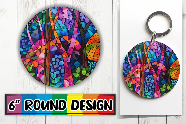 Stained Glass Tree Round Design Colorful Art