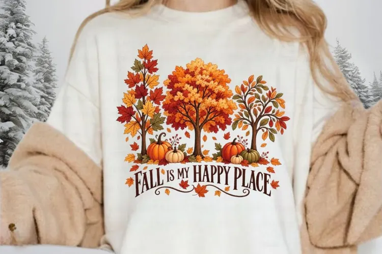 Fall Is My Happy Place PNG, Autumn Trees and Pumpkins