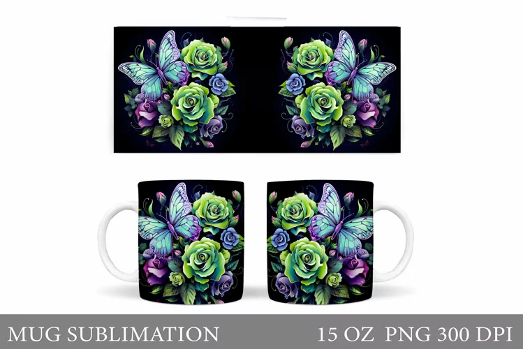 Butterflies Mug Design. Rose Mug Sublimation