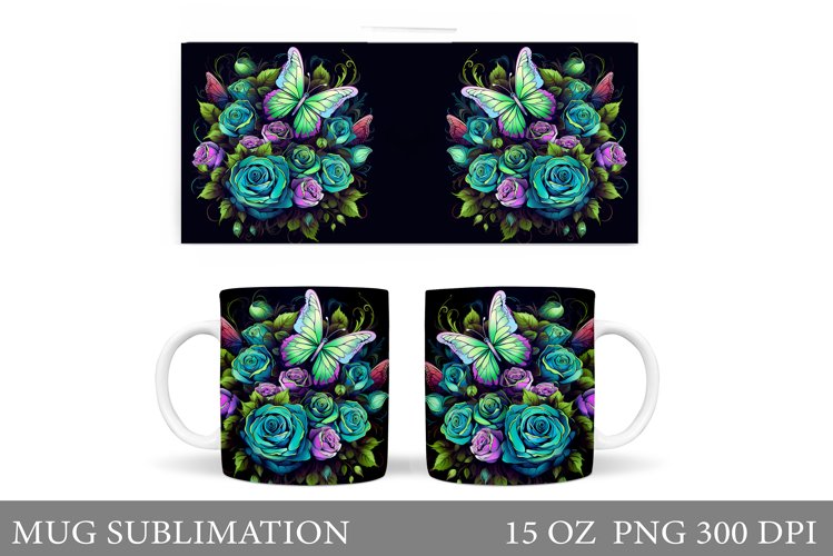 Butterflies Mug Sublimation. Butterflies Flowers Mug Design example image 1