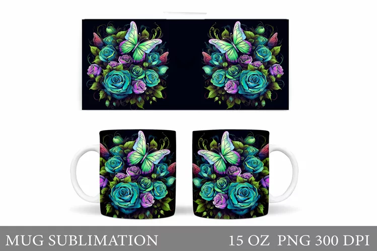 Butterflies Mug Sublimation. Butterflies Flowers Mug Design