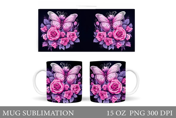 Butterflies Mug Wrap Design. 3D Rose Mug Sublimation