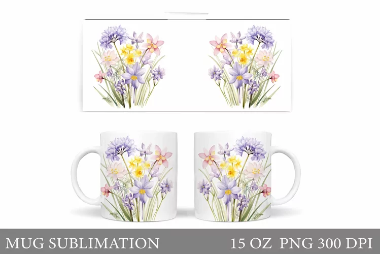 Flowers Mug Sublimation. Floral Mug Wrap Design