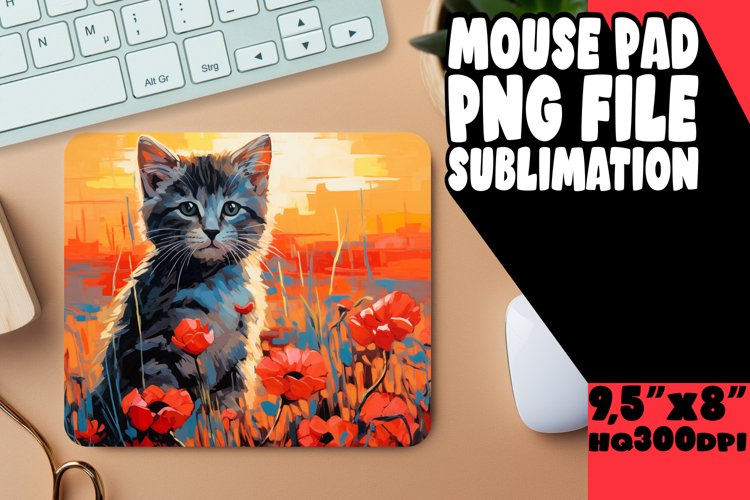 Cute Kitty with Flowers Mouse Pad Design PNG