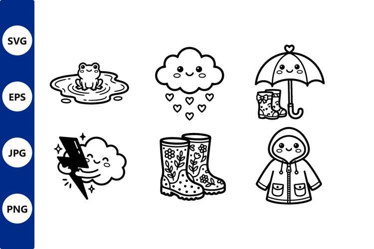 Cute Rain Themed Line Art Icons