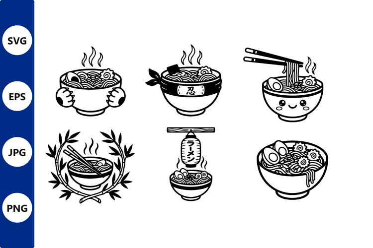 Ramen Bowl Kawaii Line Art Vector