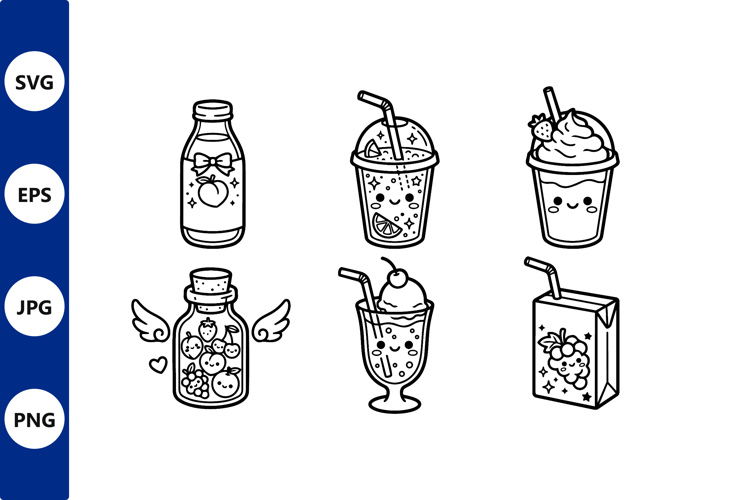 Cute Fruit Drink Characters Line Art