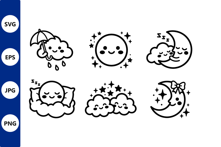 Cute Kawaii Weather Icons Black White