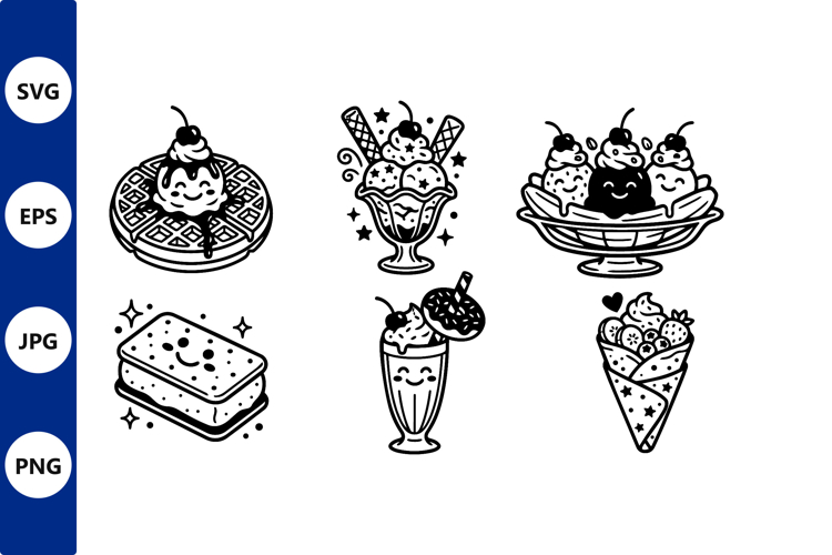Cute Dessert Icons Set Waffle Sundae