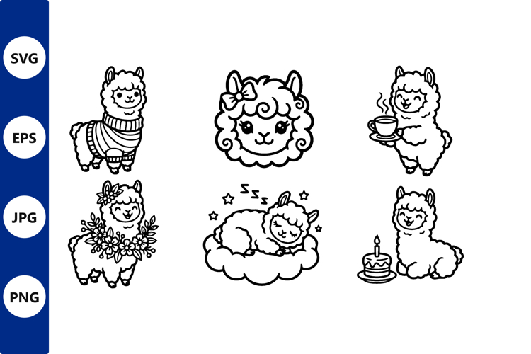 Cute Llama Line Art Black And White