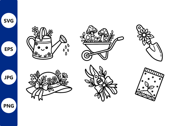 Cute black white gardening tools line