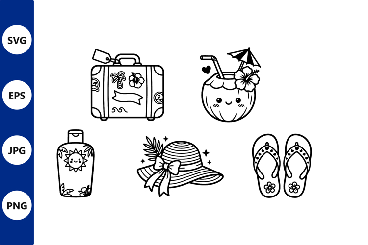 Summer Vacation Icons Black White Vector