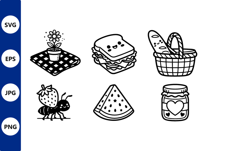 Kawaii Picnic Food Black White Vector