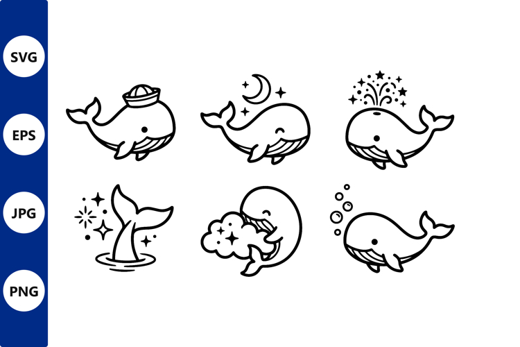 Cute Whale Sailor Line Art Vector