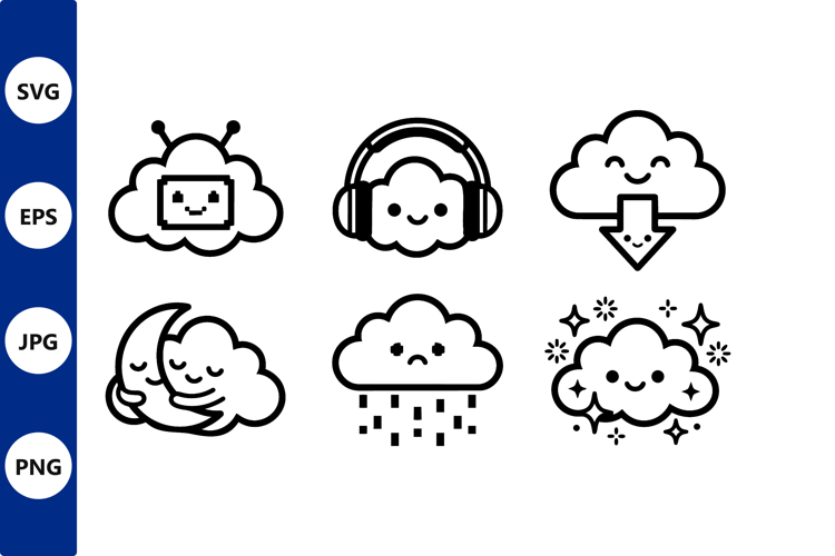 Cloud Icons Black White Line Art