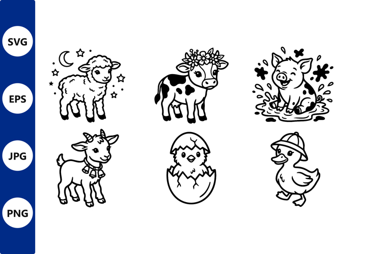 Farm Animals Cute Black White Vector
