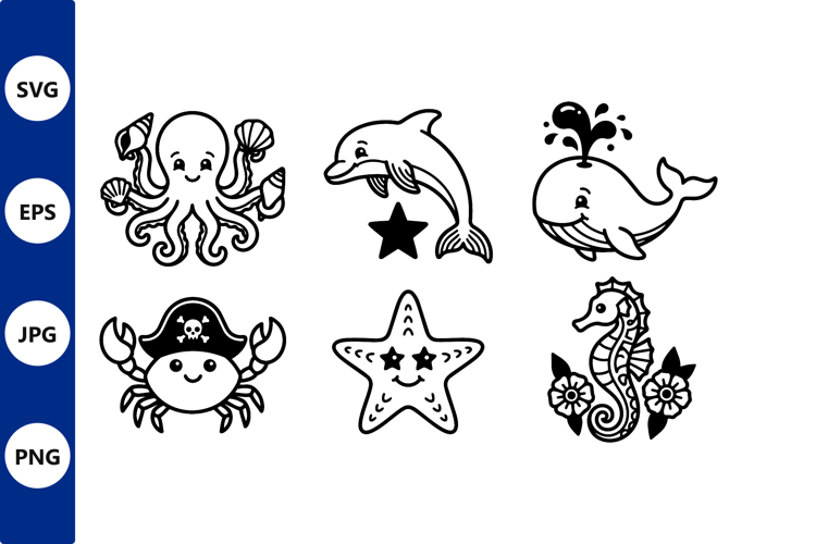 Cute Black and White Sea Animals Vector