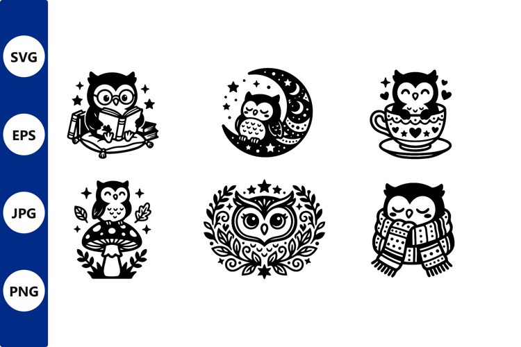 Cute Black White Owl Vector Art Set