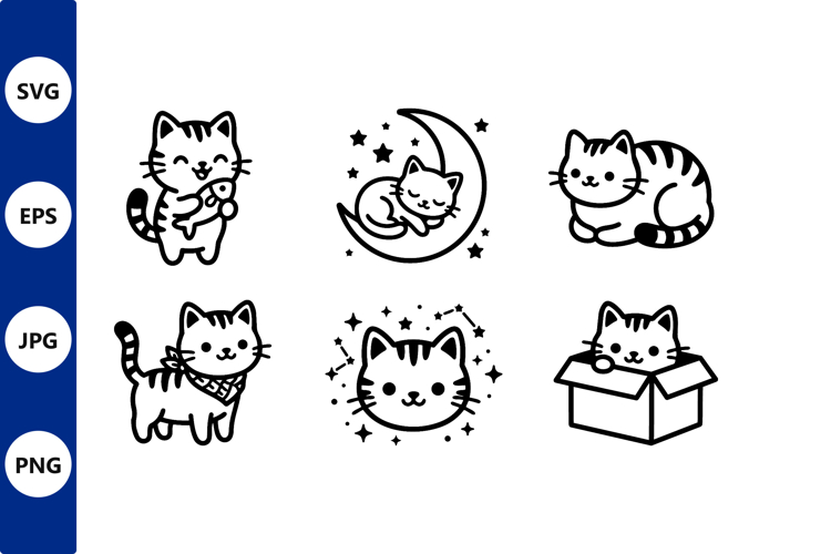 Cute Kitten Black And White Vector Set
