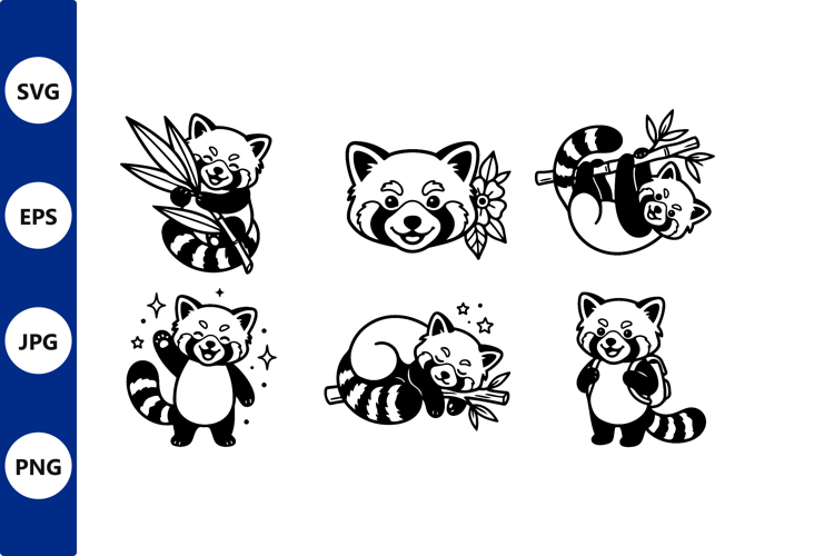 Cute Red Pandas Black White Line Art