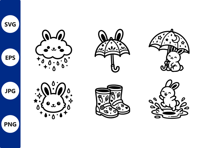 Cute Bunny Umbrella Raindrops Vector
