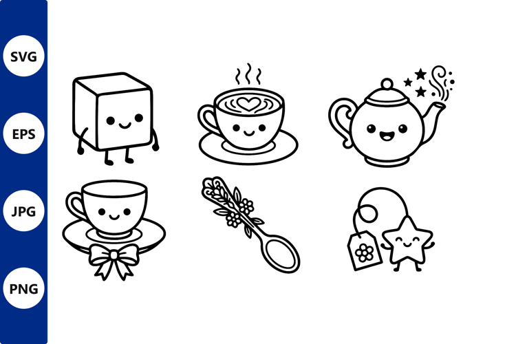 Kawaii Tea Set Line Art Cute Vector