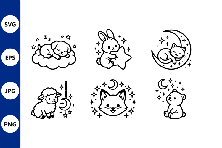 Cute Sleeping Animals Line Art Vector