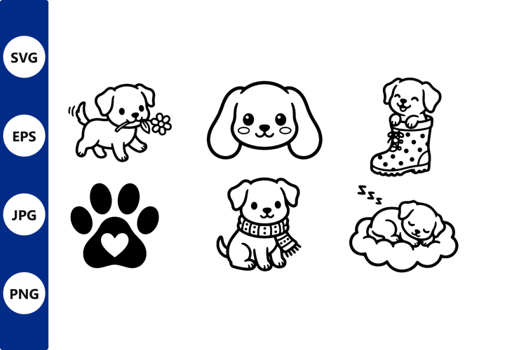 Cute Cartoon Puppies Line Art Vector