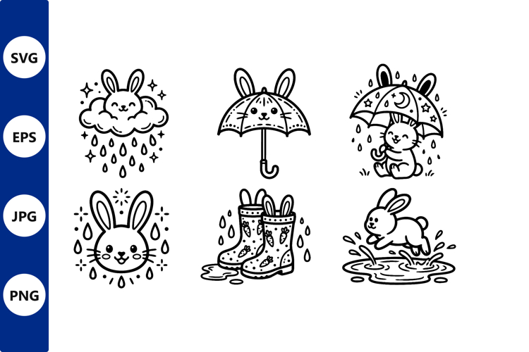 Cute Rabbit Rain Line Art Vector
