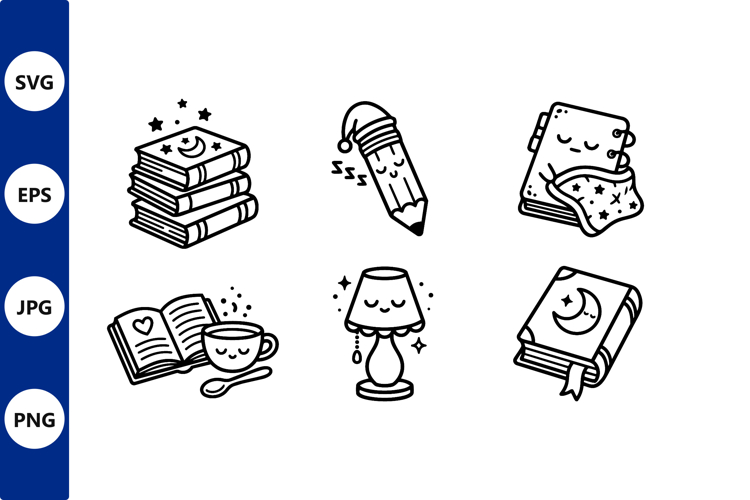 Cute Sleepy Pencil and Books Line Art