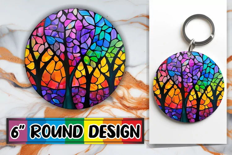 Keychain Stained Glass Tree Colorful Design Round