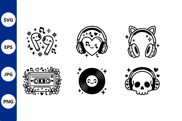 Cute Music Icons Black White Vector