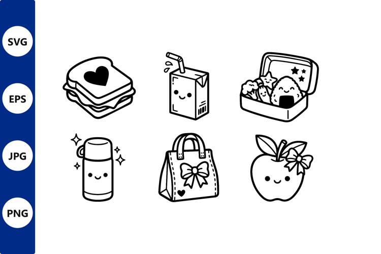 Kawaii lunch set icons black white