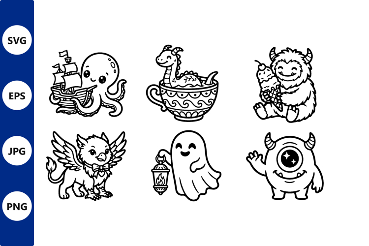 Cute Fantasy Creatures Line Art Set