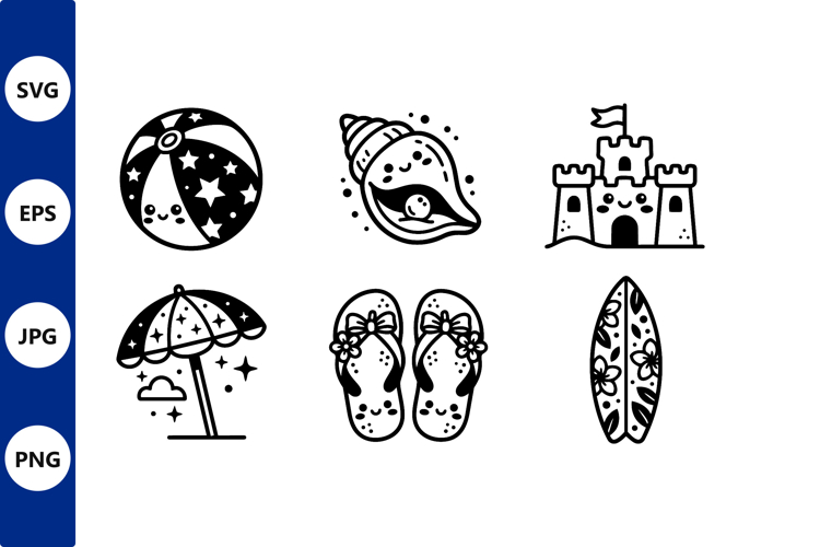 Kawaii Beach Vector Icons Black White