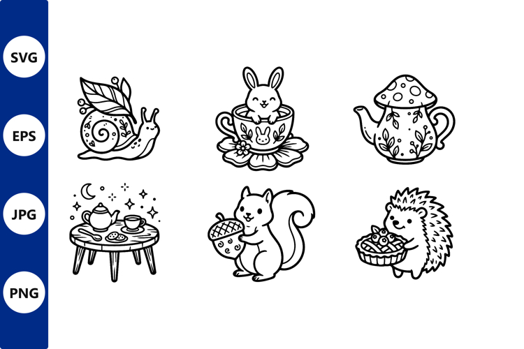 Woodland Animals Tea Time Line Art