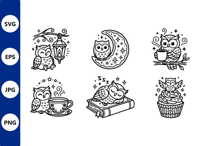 Cute Owl Line Art With Coffee And Moon