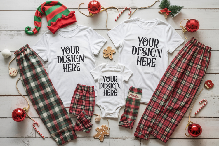 Christmas Family Matching Shirt Mockup | Cozy Boho Flat Lay