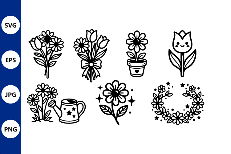 Line Art Flower Bouquet And Tulip Icons