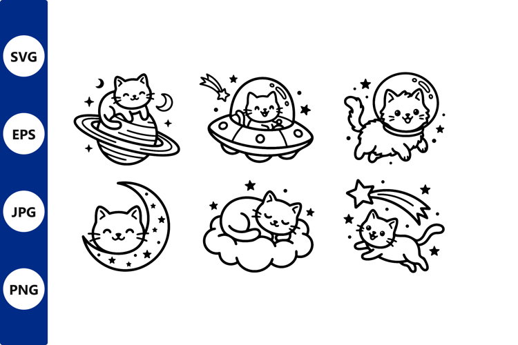 Space cats line art vector set