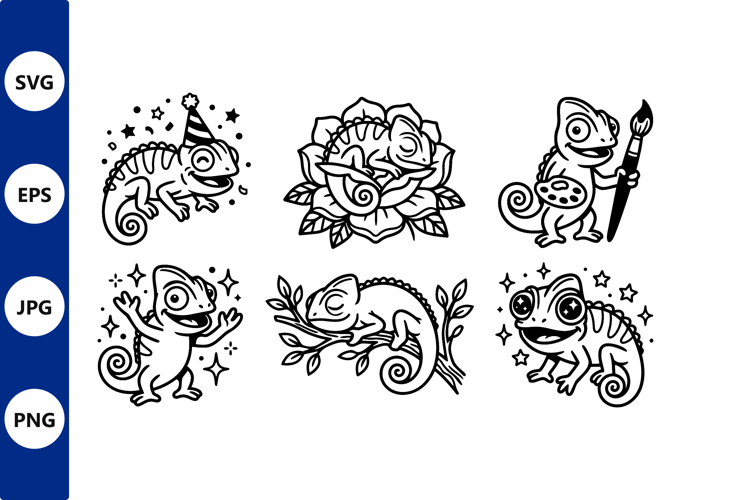 Cute Black and White Chameleons Line Art
