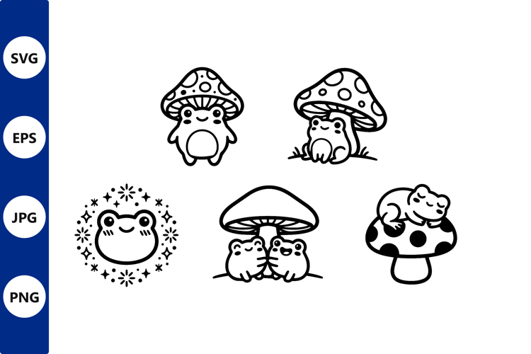 Cute Frog And Mushroom Vector Line Art