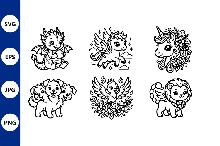 Cute Fantasy Animals Line Art Set