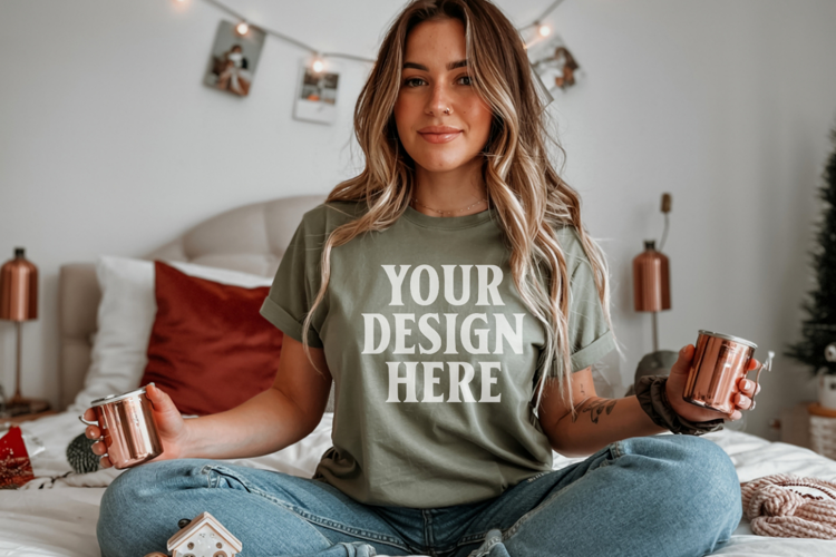 Christmas Bella Canvas 3001 Kelly Green Shirt Mockup ,Trandy
