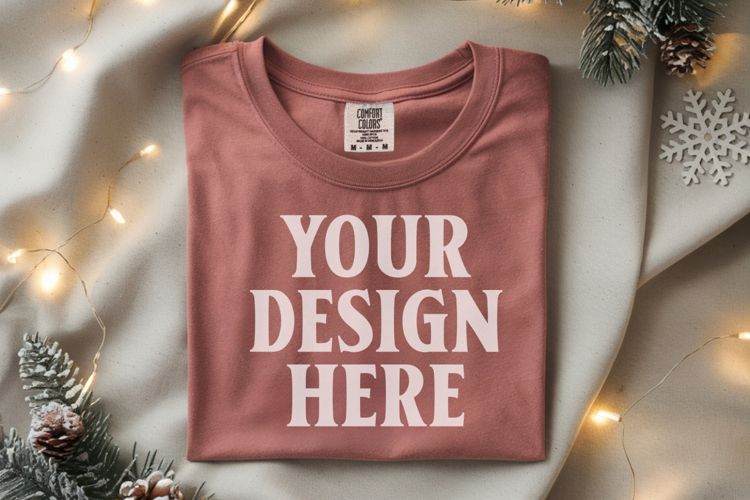 Brick Comfort Colors 1717 Christmas Folded T-Shirt Mockup
